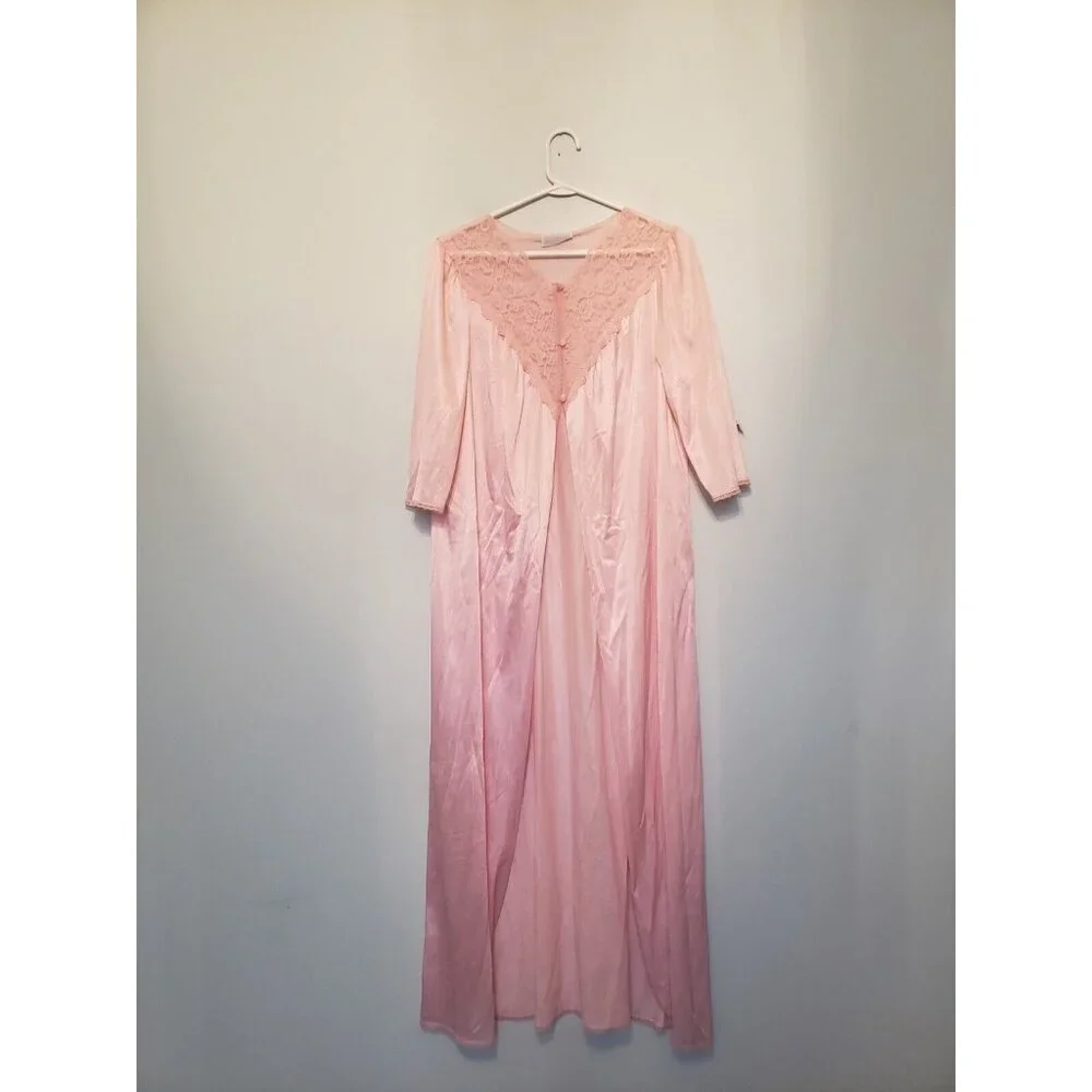 VTG 80s Vassarette Womens M Pegnoir Maxi Robe Pink Lace Open Front 3/4 Sleeve - Picture 1 of 6